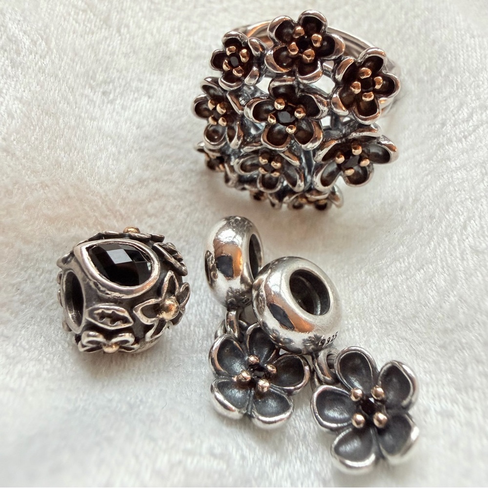 Retired Pandora SS and 14K Gold Forever Bloom Flower Dangle Charm item 790951SPB